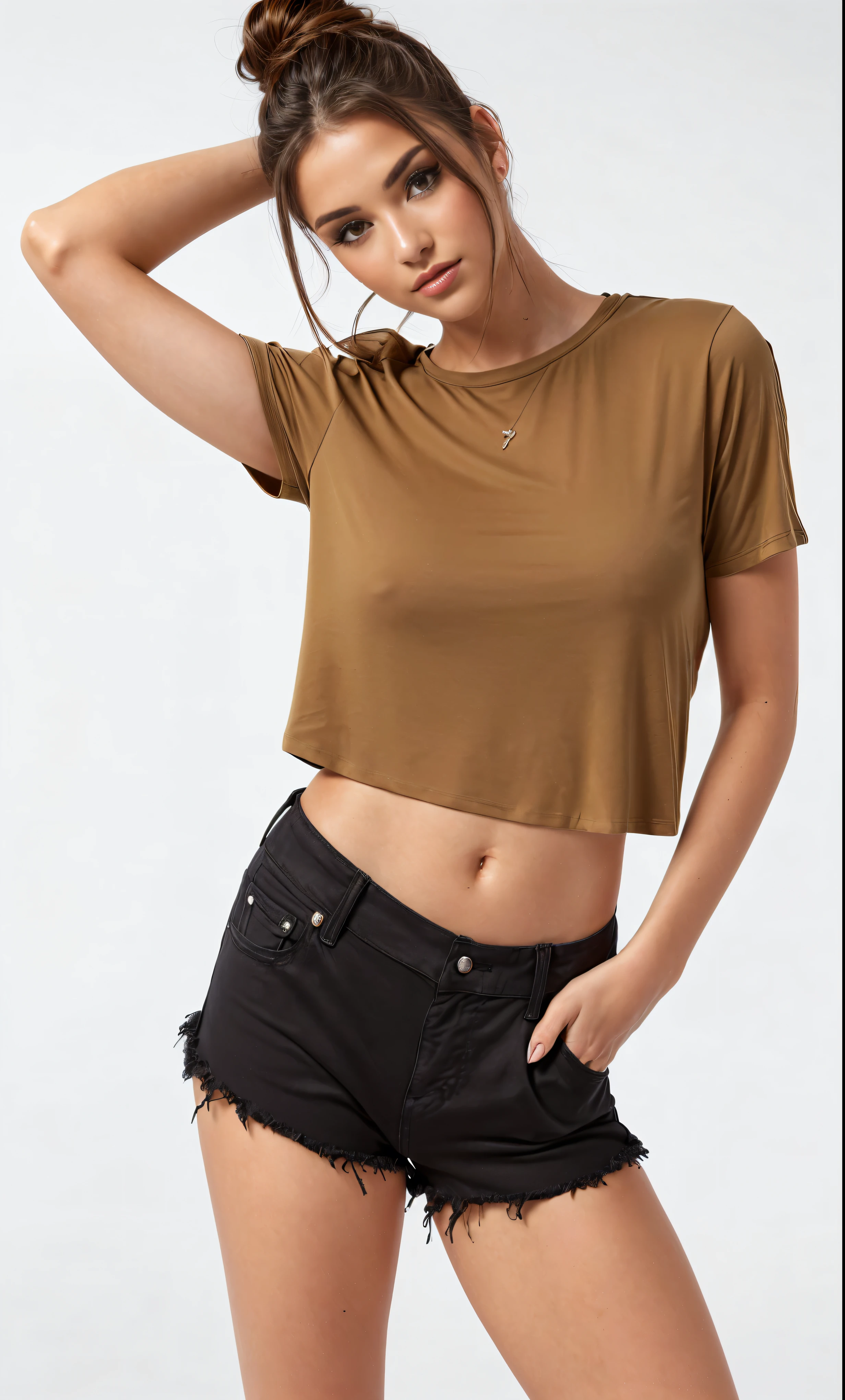 a woman in a cropped top and shorts posing for a photo, with torn t-shirt, brown shirt, skin tanned, t-shirt and shorts, top cut, usando um top cropped sexy, wearing top cut, top cut, wearing a cropped tops, wearing a cropped top, casual outfit, wearing shorts and t-shirt, wearing a cute top, manga larga cropped