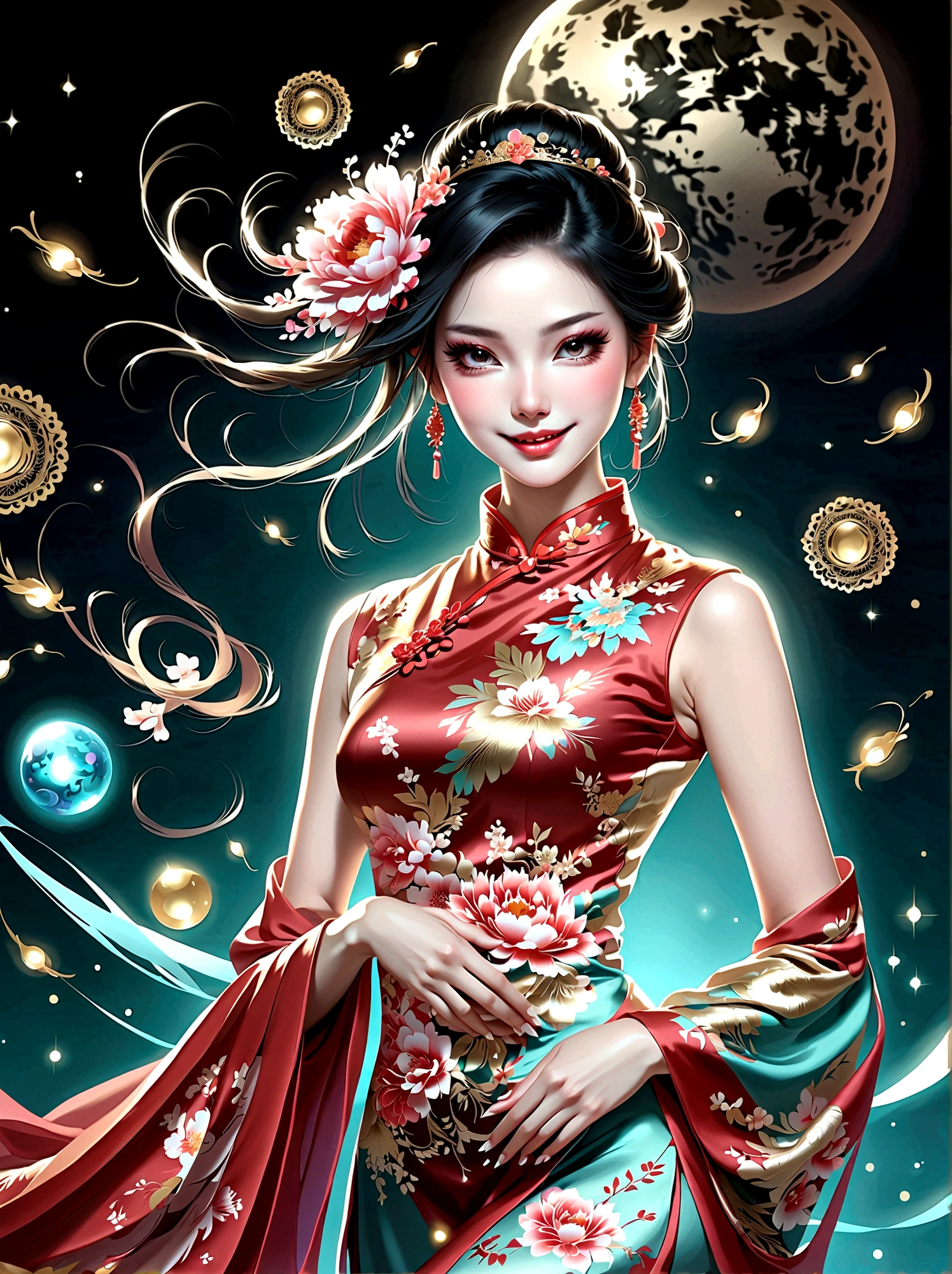 (full-body shot:1.4), Space Art, 1 Cheongsam woman，whole body，Standing，Transparent robotic arm，slim body，Perfect proportions，Exquisite hair accessories，Smile，Transparent mechanical shoes，Oriental elements，(bokeh)，high quality，4K，3d