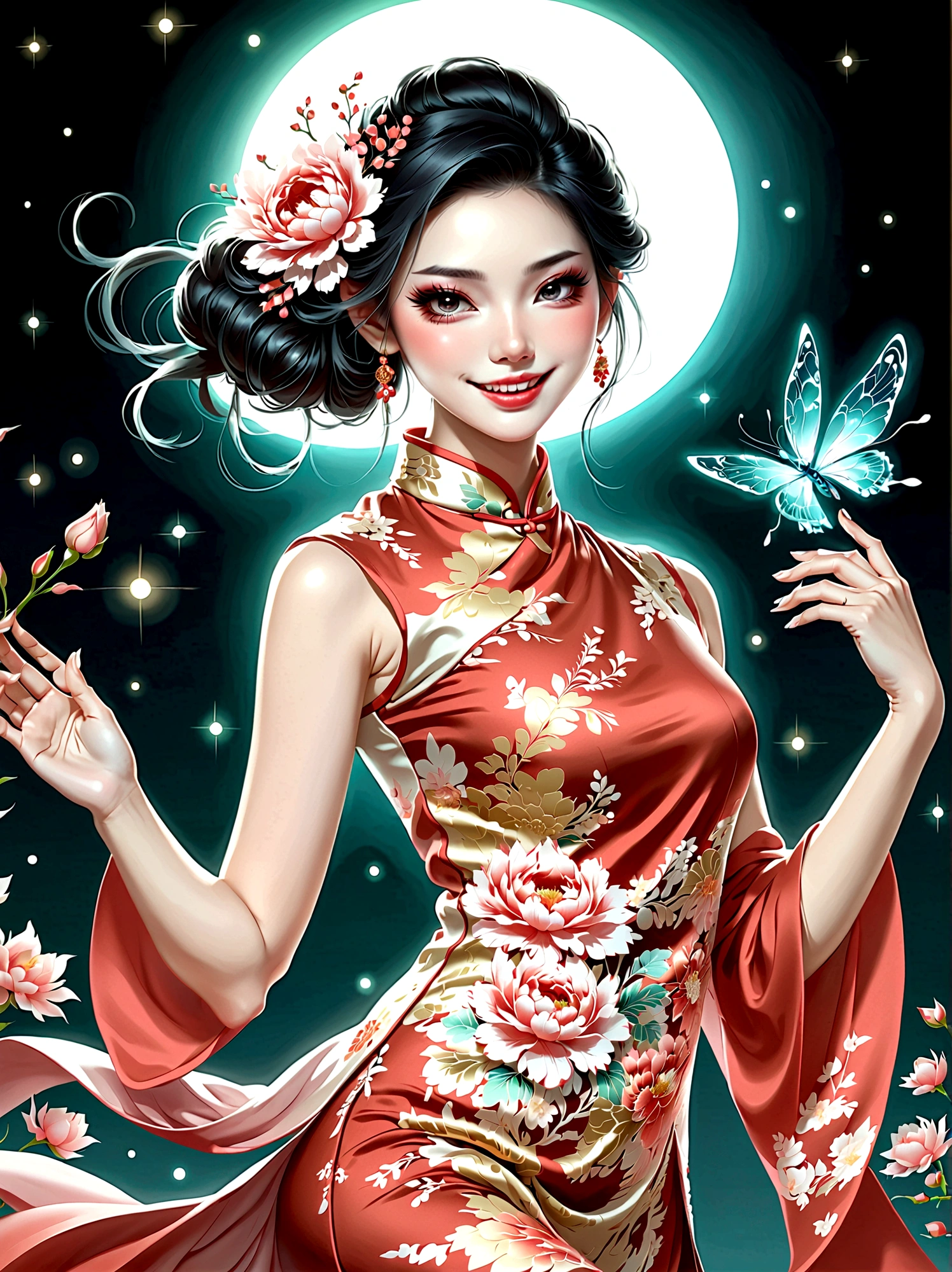 (full-body shot:1.4), Space Art, 1 Cheongsam woman，whole body，Standing，Transparent robotic arm，slim body，Perfect proportions，Exquisite hair accessories，Smile，Transparent mechanical shoes，Oriental elements，(bokeh)，high quality，4K，3d