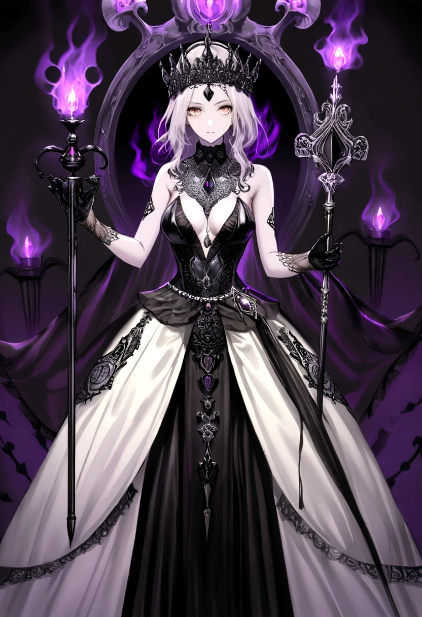 Queen of spades pattern design,poker,Draw an image of an aristocratic woman, Alabaster skin and brown eyes that exude a brutal aura., She wears a sinister tiara studded with dark jewels.,Wearing a beautiful dress, She holds a scepter decorated with evil symbols, Aura of Malicious Royalty