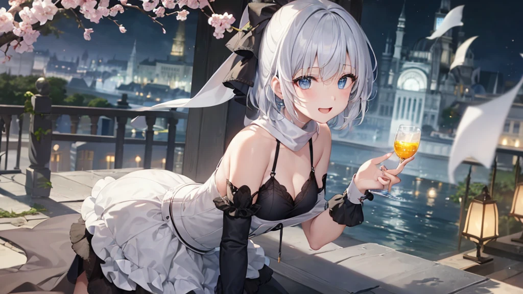 Her eyes were shining、Mysterious and enchanting atmosphere。With AI Painting、とてもShort Hair, Long bangs between the eyes, Grey Eyes , Very detailed,(masterpiece、Highest quality)、alone、Gray Hair、Fantasy, Silver Hair, Beautiful Eyes,Ecstasy, charm, attract the audience, Fantasyな風景、White shirt、smile、Open your mouth、Scarf、short hair、Short Hair、hairpin、Dark Eyes、Anime Eyes、Beautiful eyes、Eyes written in detail