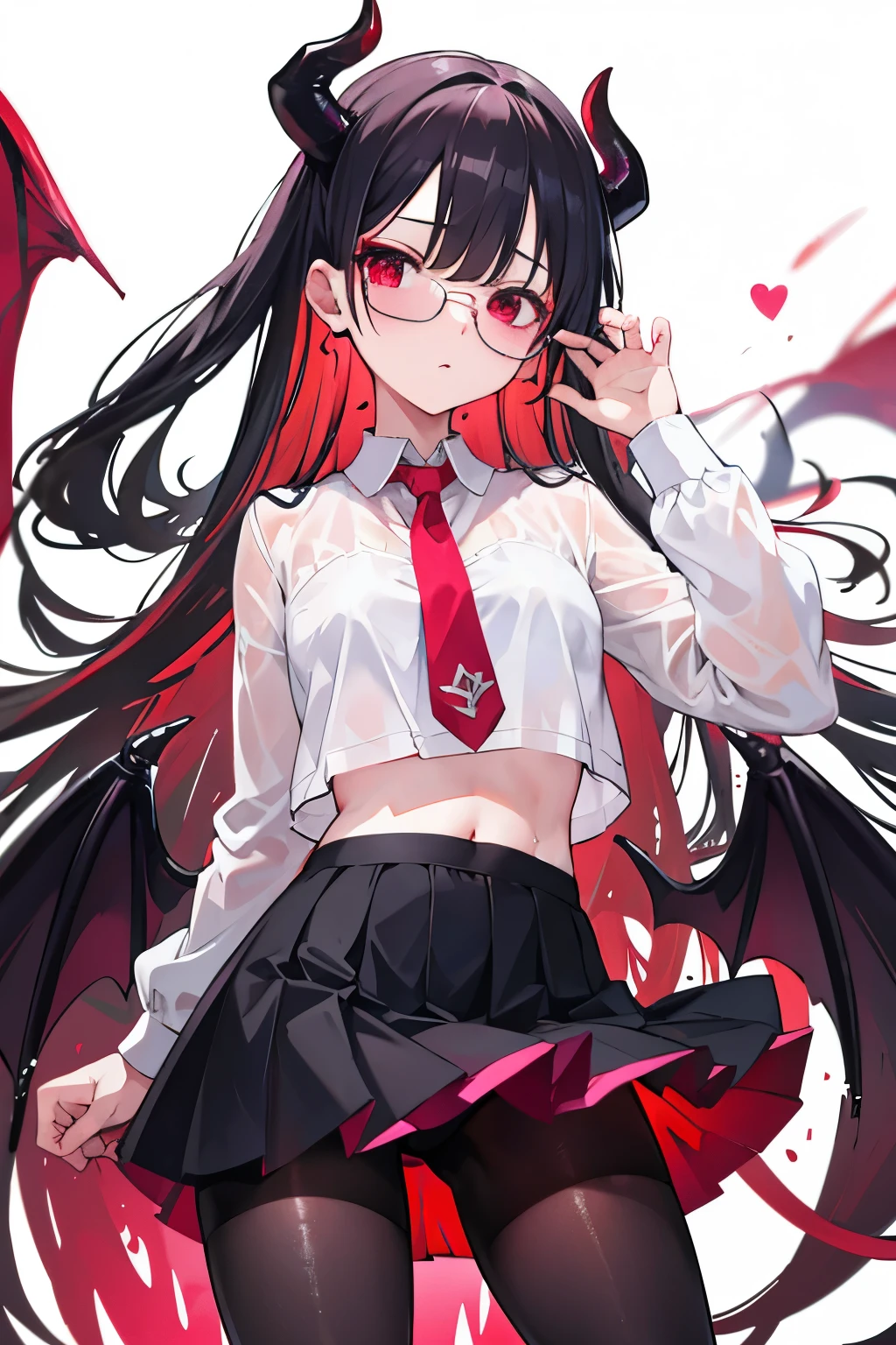 underdressing,Expression of disgust,Expression of disgust,Red Eyes,Sweat,Soaked,liquid,transparent,Cropped tops,succubus,pink,stocking,Glasses,Black pantyhose,Short skirt