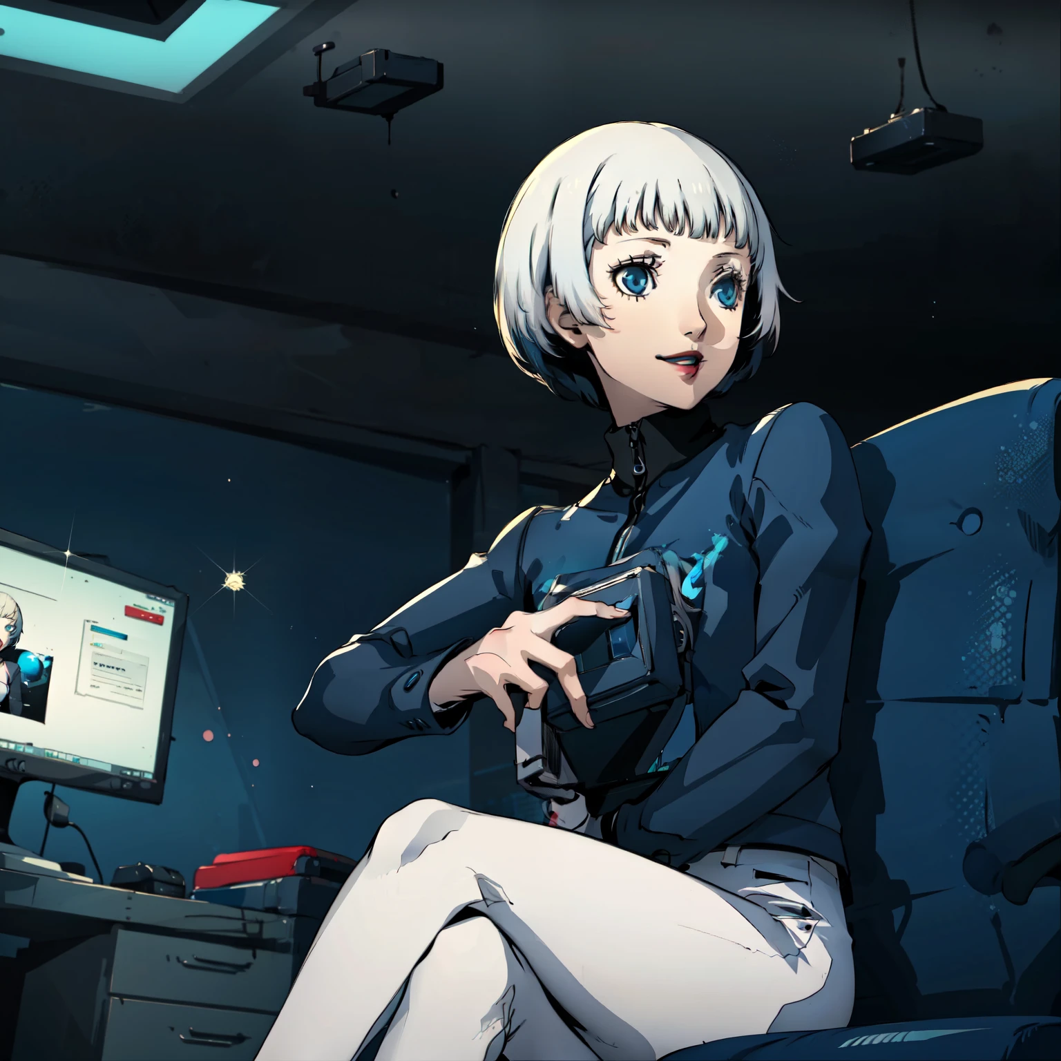 masterpiece, ((best quality)),((1 girl)), blue eyes, black lipstick, white hair, female , tomboy Pixie haircut, deep blue suit, white hair, white hair,smiling,hacker,in the,dark room,sitting,looking monitor,cute