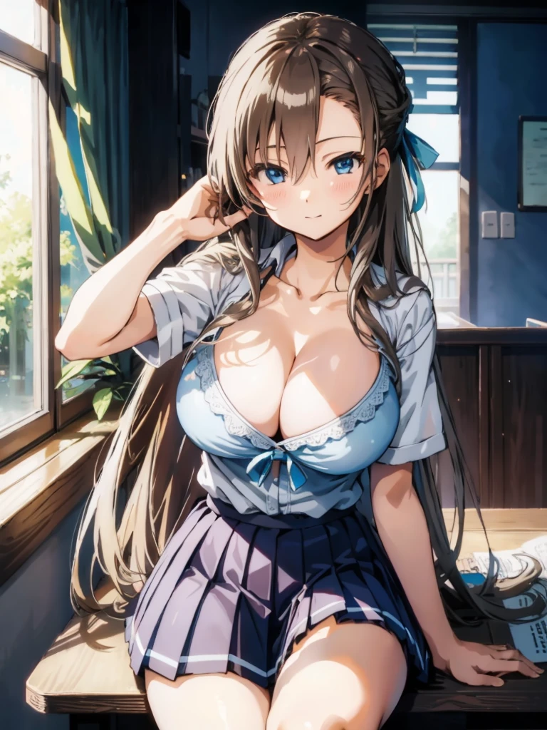 Ichinose Asuna, masterpiece, Highest quality, In detail, Pleated skirt, Huge breasts, Cleavage,
