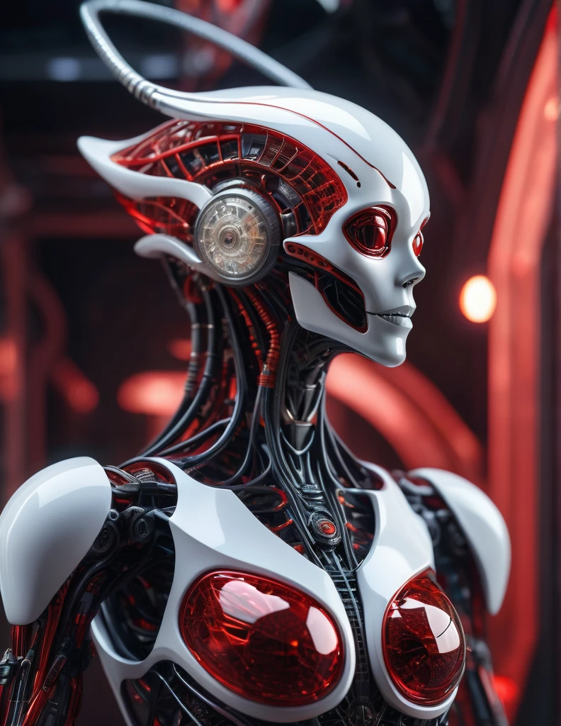 Complex 3d rendering ultra-detailed beautiful ancient alien , biomechanical robot, simulated 150mm shot, beautiful natural soft edge light, crystal , roots, delicate leaf lace, colorful details, piercings, intricate details, mesh threads, mandelbro fractals, body muscles, cable wires, microchips, badasses, surreal, ultra-detailed, octane rendering, volumetric lighting, 8k post-production, Red and white with a touch of black, metallic skeleton details, half- alien , futuristic alien , power of alien ,