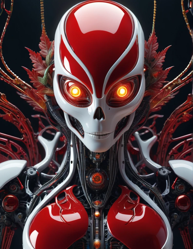 Complex 3d rendering ultra-detailed beautiful ancient alien , biomechanical robot, simulated 150mm shot, beautiful natural soft edge light, crystal , roots, delicate leaf lace, colorful details, piercings, intricate details, mesh threads, mandelbro fractals, body muscles, cable wires, microchips, badasses, surreal, ultra-detailed, octane rendering, volumetric lighting, 8k post-production, Red and white with a touch of black, metallic skeleton details, half- alien , futuristic alien , power of alien ,