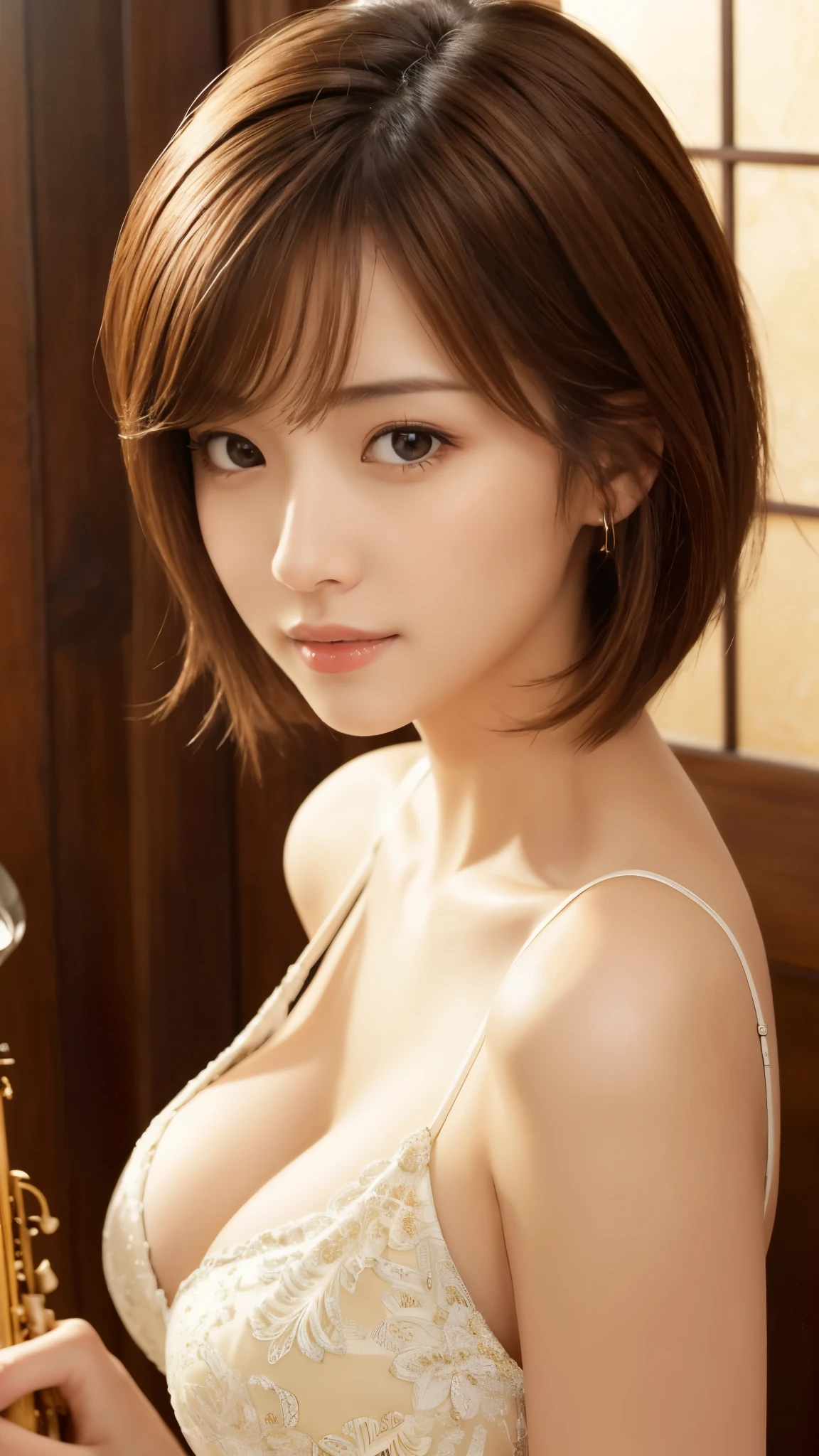 masterpiece、Highest quality、High resolution、Tabletop、wallpaper、Realistic、Bright lighting、Professional Lighting、Face Light、Smooth lighting、Japanese women、Adult、Beautiful woman、action、gravure、sexy、poor、so beautiful、Beautiful Skin、Beautiful and detailed、Detailed face、slim、moderately、short hair、Brunette colored hair、Brown eyes、Looking at the camera、I have a sax、Big Breasts、Cleavage