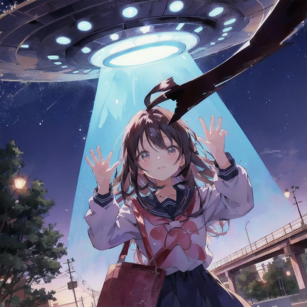 Anime girl reaching for a flying saucer, Expression of madness,UFOTABLE art style, Anime Style 4 k, Anime Wallpaper, 4K Manga Wallpapers, Cute girl anime visuals, Anime Cover, hd Anime Wallpaper, Anime Background, Anime Style. 8K, yume nikki, Ethereal Anime, Portrait Anime Astronaut Girl, Anime Aesthetics