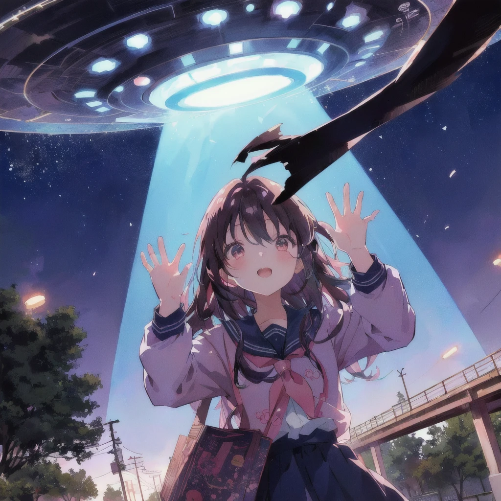 Anime girl reaching for a flying saucer, Expression of madness,UFOTABLE art style, Anime Style 4 k, Anime Wallpaper, 4K Manga Wallpapers, Cute girl anime visuals, Anime Cover, hd Anime Wallpaper, Anime Background, Anime Style. 8K, yume nikki, Ethereal Anime, Portrait Anime Astronaut Girl, Anime Aesthetics