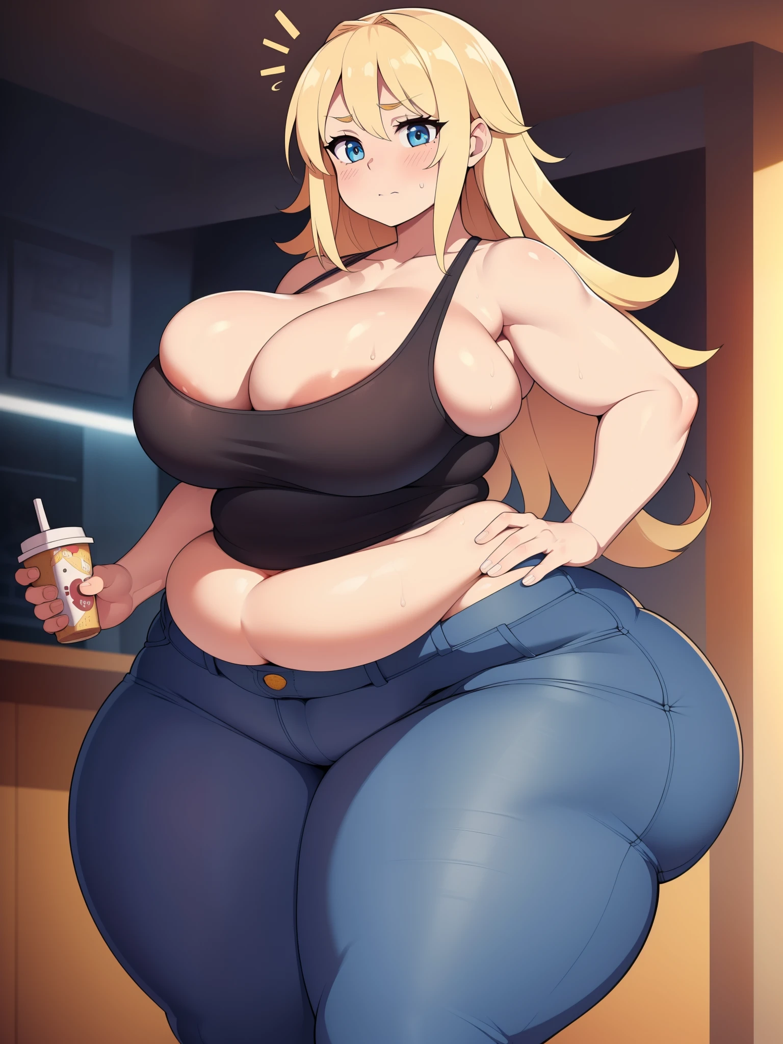 ((Masterpiece)), perfect anatomy, perfect shading, field of depth, (best quality), extremely delicate and beautiful, perfect lighting, detailed face, ultra cute face, cute, (1girl), (solo),

long fluffy blonde hair, blue eyes, ((blush)), nervous, looking at viewer, tank top, jeans, cleavage, large breasts, ((thick thighs)), (wide hips), fat ass, chubby, 

intricate background, detailed background, fast food restaurant, standing, 
