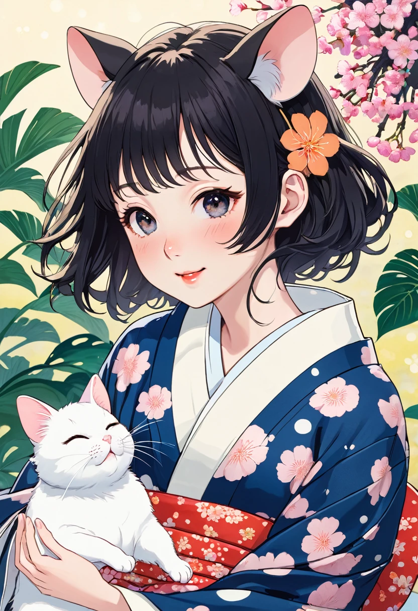 (Ito Shinsui style:1.2) , Hallucination, daydream , nightmare , Insane Dream , bokeh , erotica , romance , realistic mouse nymph and realistic cat , yukata , Petals fluttering down , Single eyelids, round nose, swollen cheeks , glossy lips , Collarbone , Disheveled Hair , Scorching Heat summer , (Roll up the hem with hands:1.5) , innocent smile , (dynamic move)