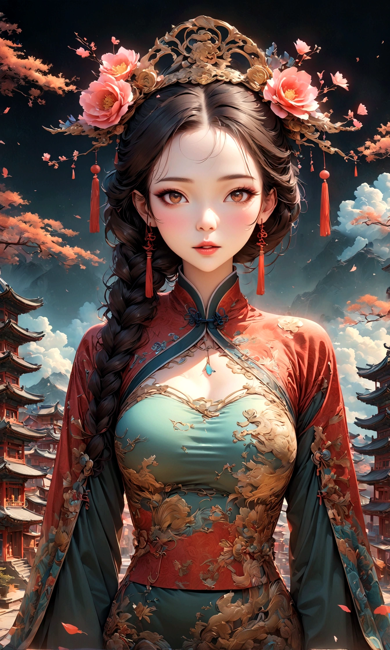 A fantastic view of Chinatown,赤い提灯の温かいLight,Modern and historic,Fantastic and dreamy landscape,Light,風景の中にChinese clothingの女性が1人います,She is charming and beautiful、まるで上海のnightを象徴するかのようです,Realistic skin texture,Photorealistic,BREAK,豪華な刺繍が施されたChinese clothing,A masterpiece created by designers,The best configuration,Light and Dark,BREAK,,(masterpiece:1.3),(highest quality:1.4),(ultra detailed:1.5),High resolution,extremely detailed,unity 8k wallpaper,Intricate details,Wide range of colors,artwork,rendering,(masterpiece:1.3),(highest quality:1.4),(Super detailed:1.5),High resolution,Very detailed,unity 8k wallpaper,Draw artistic background,Chinese style,Traditional,Absurd beauty,Zentangle,幻想的で美しいnightのチャイナタウン,night,美しいLightと影,Sparkling,Anatomically correct,Structurally correct,Use gold leaf,Chinese clothing