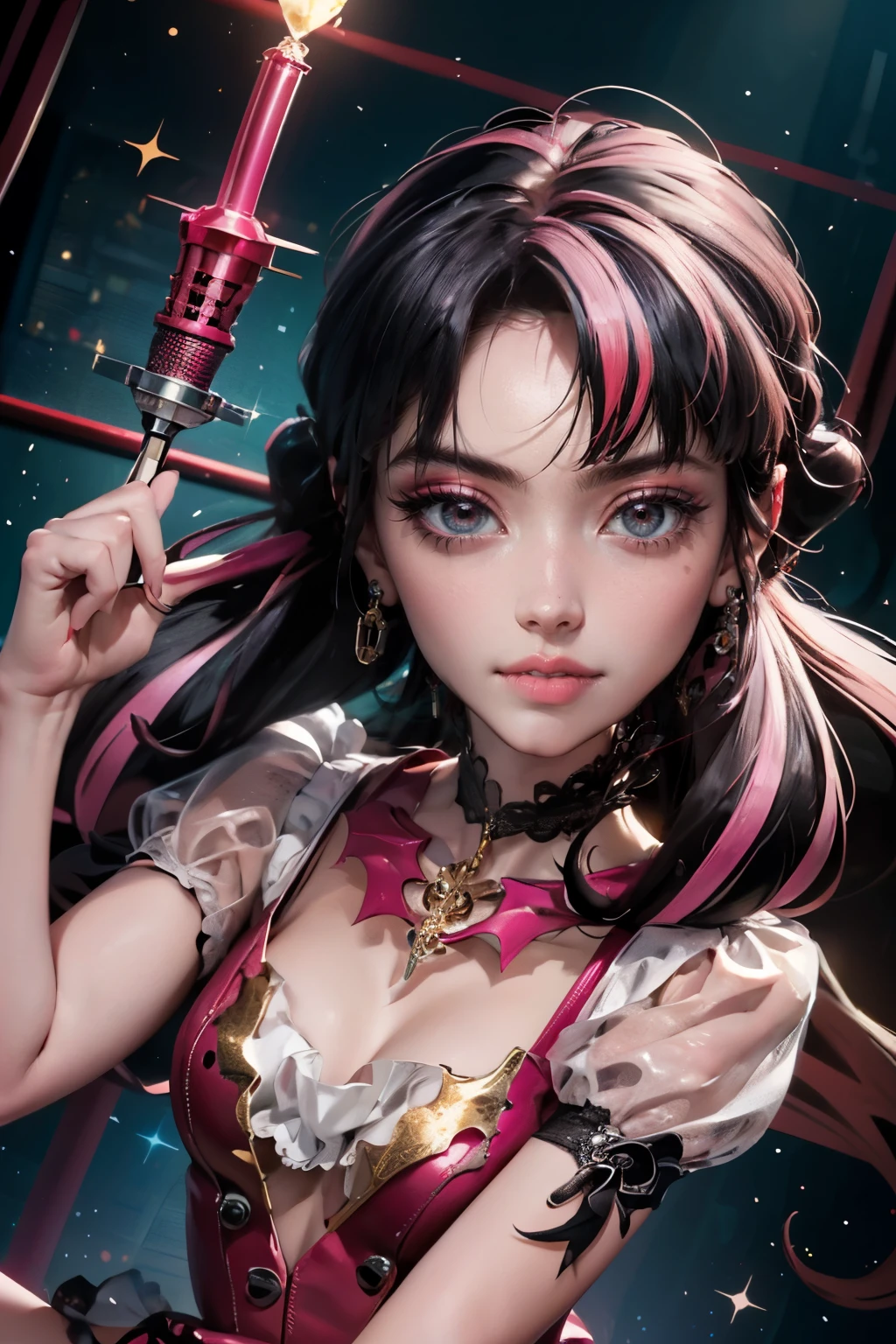 1 girl, a girl with bat wings on her back, perfectly hands, perfectly body, bat choker, necklace, centered, bat jewelry, award winning upper body portrait, cowboy shot, looking at viewer, Draculaura_MH, solo, black half hair, pink half hair, multicolored hair, long hair, pink knee boots, smile, vampire fangs, bat wings, bat jewelry, jewelry, Draculaura_(monster high), Monster High, ornament hair, long hair, 1 girl, Looking at the audience, flowing hair, Beautiful Eyes, Plump and glossy lips, Idol, dress with too many frills, black dress, gold laces, black Short skirt, Drape clothes, pink gem, Lace trim, bright stage, luxury gold details, gold jewelry, more details, best quality, Big sparkling eyes, blushing, Striped Lace Stockings, black ta skirt, sparkle, solo, centered girl, cowboy shot, perfectly body, perfectly hands, two arms, two legs, two hands, five fingers, perfect anatomy, glowing hair, pink roses, 1girl, dress, solo, flowing hair, floating hair, ornament hair, perfectly body, perfectly hands, on the stage, sparkles, more details on her clothes, dress with transparency, golden details on her dress, night, holding a microphone, ((4k, masterpiece, top-quality)), 8k, best quality, high resolution, UHD, (illustration:0.8), super cute girl, delicate and beautiful face, mature girl, super cute hairstyle, (beautiful detailed eyes:1.6), extremely detailed face, perfect lighting, extremely detailed CG, (perfect hands, perfect anatomy), Best quality ((4k, masterpiece, top-quality)),8k, best quality, high resolution, HD, (illustration:0.8), super cute girl, delicate and beautiful face, mature girl, super cute hairstyle, (beautiful detailed eyes:1.6), extremely detailed face, perfect lighting, extremely detailed CG, (perfect hands, perfect anatomy), Best quality, cleavage, small skirt, full Body, two arms, two legs, two hands, five fingers