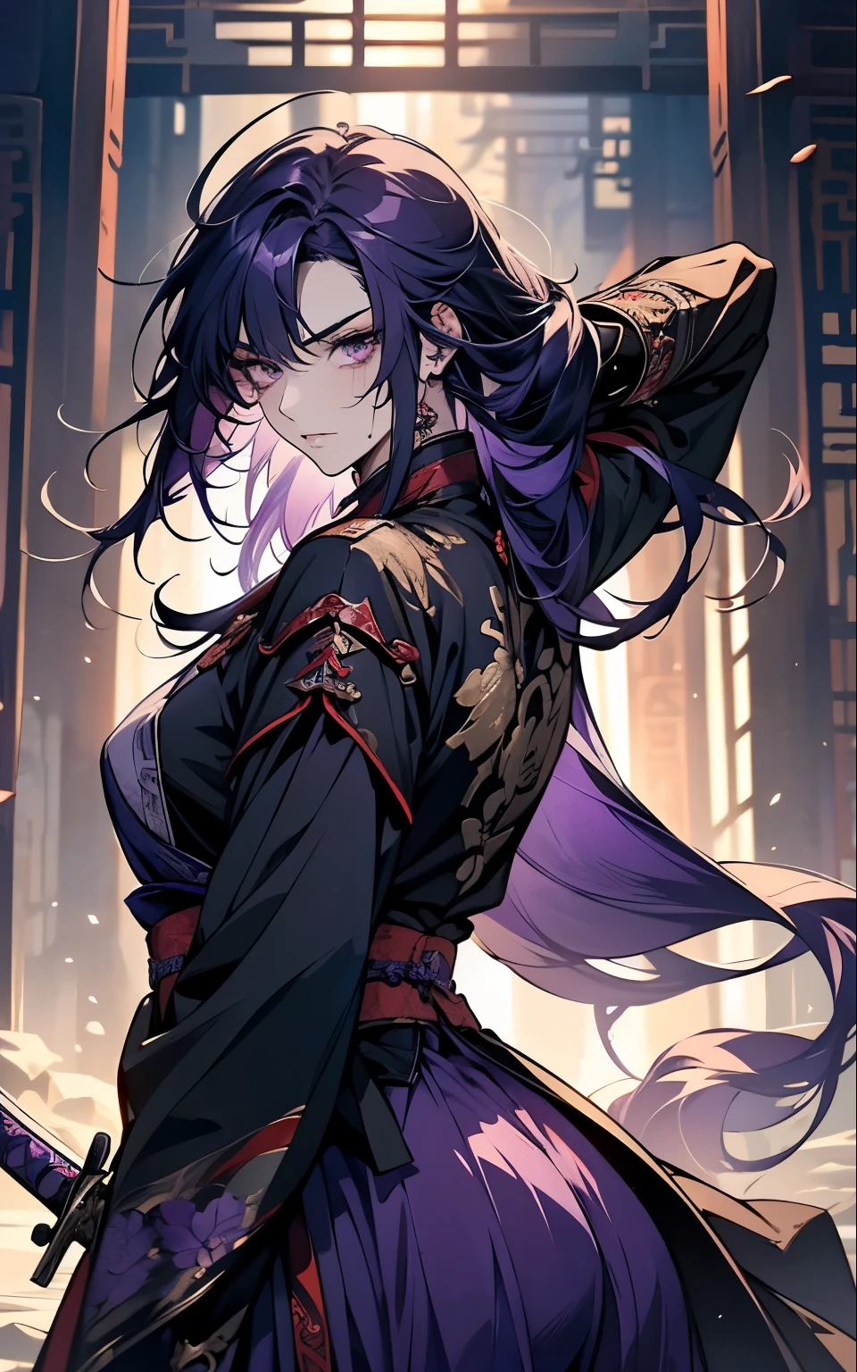 (!Fight, battle, blood, weapon, sword, blood coming out of his mouth, injury, torn clothes, horror!) 1 women, Raiden Shogun - genshin impact, long purple hair, violet eyes, violet chinese clothes, ultra long skirt,