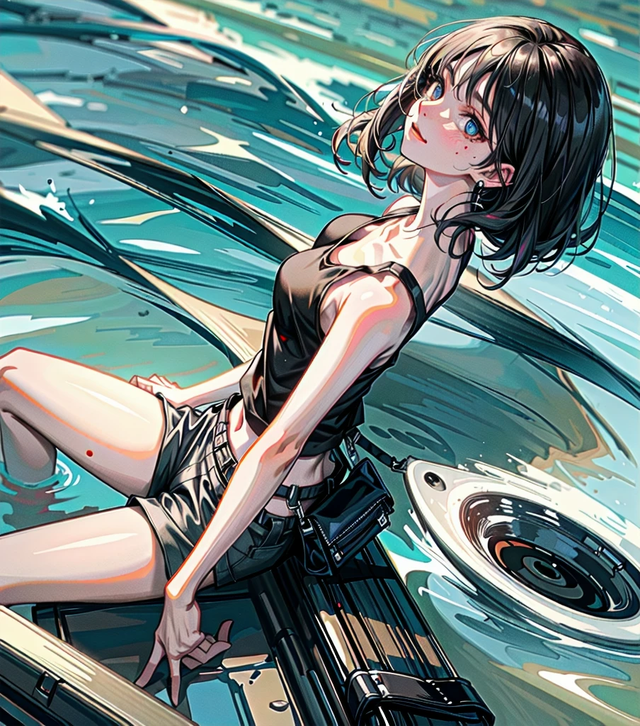 whole body, solo, alone, delicate facial features, medium tits, medium hair, black hair, tearful mole, earring, tank top shirt, cargo pants, shorts, wet,