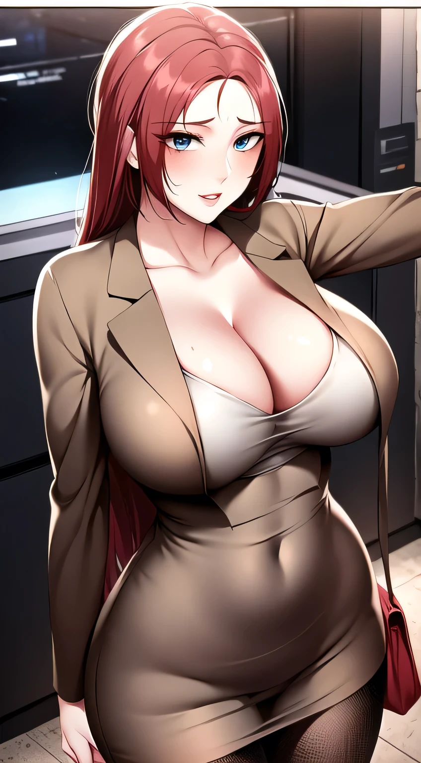 Hye-Jeong,  1girl, breasts,  cleavage, jewelry, long_hair, earrings, solo, bracelet, pantyhose, large_breasts,  dress, formal, looking_at_viewer, hair_over_one_eye, parted_lips, bag, handbag, night, mature_female, office_lady, black_dress, suit