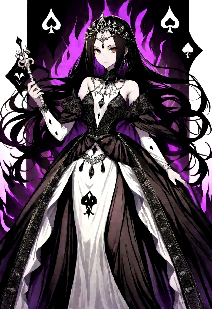 Queen of spades pattern design,poker,Draw an image of an aristocratic woman, Alabaster skin and brown eyes that exude a brutal aura., She wears a sinister tiara studded with dark jewels.,(D cup breasts),Wearing a sexy dress, She holds a scepter decorated with evil symbols, disaster々A strong, malicious royal aura.