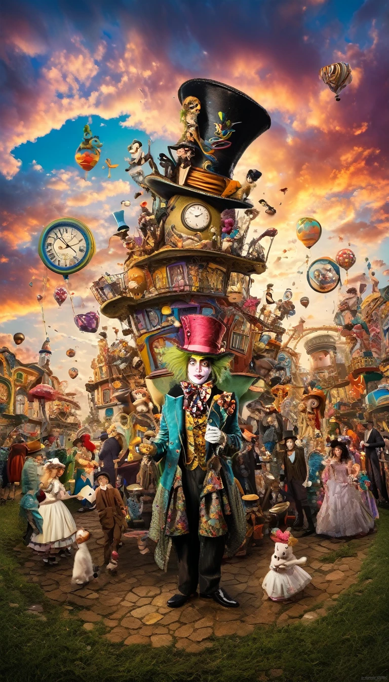wide angle shot of A (((hyper surrealism))) carnival in wonderland with ((randomly chosen elements)) like (((a girl with huge eyes))) and ((a man with big moustache)) intertwined with (((the mad hatter))) and his ((petite wife)), all engaged in ((random conversations)) that convey a sense of (((dreamlike absurdity))) amidst a backdrop of (((colorful, scattered clouds))), with the scene framed by a (((golden-tinged horizon))). The scene is so intricate and (((incredibly detailed))), it defies reality, hyper detailed background