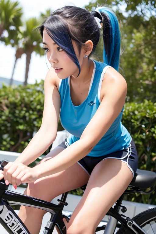 a girl sitting on top of bicycle, dolphin shorts, blue hair, ponytail,