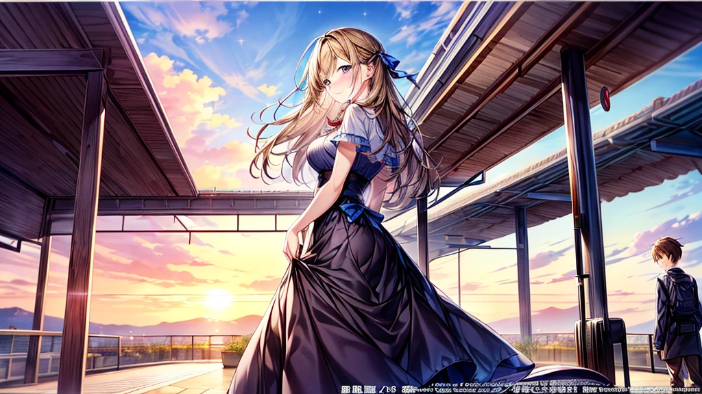 1mother、1son,(((Parent and 、Highest quality、Masterpiece、Official Art、The best dynamic composition)))、(detailed)、Anime Style、A tranquil view of the countryside、Departure、At the station platform、A touching scene in which a single mother holds back tears as she sees her son off。The mother stands on the platform、The expression on his face is a mixture of pride and sadness.。My grown-up son is carrying a suitcase.、She turns around and gives her mother a reassuring smile.。The station was crowded with other travelers.、The warm sunset casts a soft glow on the scene.、It highlights the heartbreaking moment of separation between mother and son.。Anime Styleで描かれています。