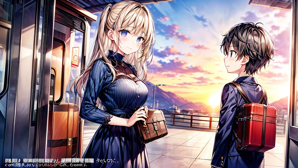 1mother、1son,(((Parent and 、Highest quality、Masterpiece、Official Art、The best dynamic composition)))、(detailed)、Anime Style、A tranquil view of the countryside、Departure、At the station platform、A touching scene in which a single mother holds back tears as she sees her son off。The mother stands on the platform、The expression on his face is a mixture of pride and sadness.。My grown-up son is carrying a suitcase.、She turns around and gives her mother a reassuring smile.。The station was crowded with other travelers.、The warm sunset casts a soft glow on the scene.、It highlights the heartbreaking moment of separation between mother and son.。Anime Styleで描かれています。