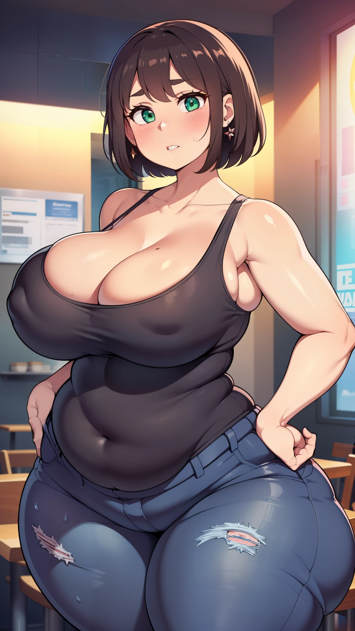 ((highres)), Masterpiece, high quality, best quality, beautiful, perfect lighting, detailed face, ultra cute face, ((1girl)), ((blush)), ((blush)), nervous, looking at viewer, skindentation, short brown hair, green eyes, jeans, tank top, thight clothes, full body, fast food restaurant, small breasts, perky breasts, cleavage, ((wide hips)), (((massive thighs))), ((plump)), chubby belly, fat folds, standing by a table, hand on hip, holding soda,