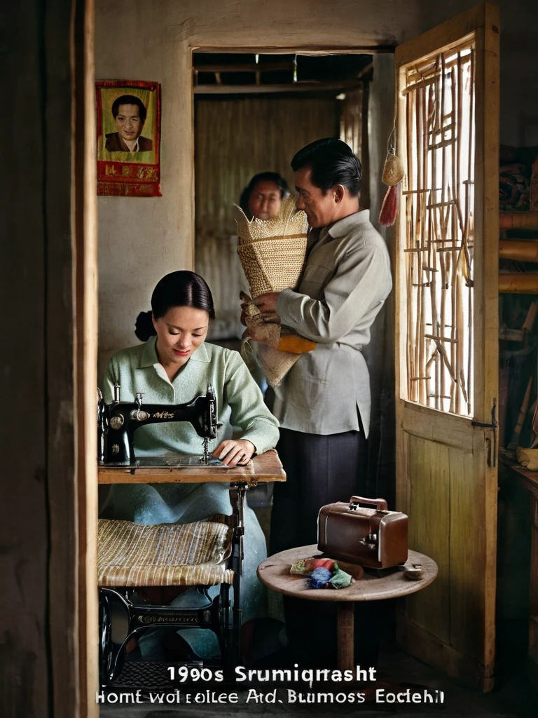 1960s, A vintage photo of a woman sewing with vintage sewing machine, a man is standing next to her, inside a humble house made of woven bamboo peels.