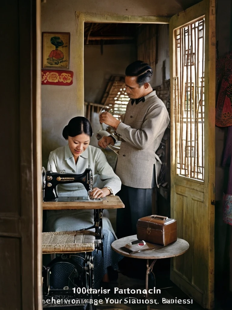 1960s, A vintage photo of a woman sewing with vintage sewing machine, a man is standing next to her, inside a humble house made of woven bamboo peels.