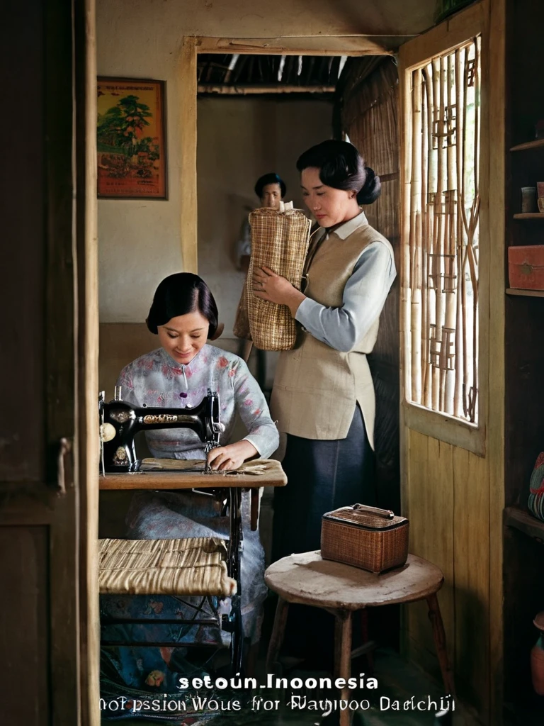 1960s, A vintage photo of a woman sewing with vintage sewing machine, a man is standing next to her, inside a humble house made of woven bamboo peels.