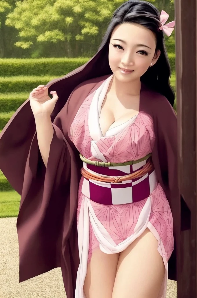 rialistic photo、Real Images、Top image quality、​masterpiece, (Pink kimono), seductived faced, good lighting, beautiful thigh、adult appeal、Adults、Big、cleavage, finely detail, ​masterpiece,I can see my panties、 radiant eyes, 1girl in, A dark-haired, SUCK, Kamado Nezuko, wisteria background, ​masterpiece, top-quality, POV,,