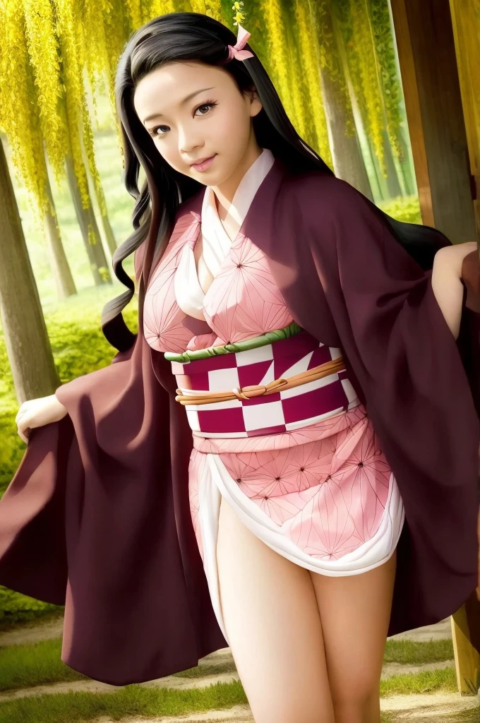 rialistic photo、Real Images、Top image quality、​masterpiece, (Pink kimono), seductived faced, good lighting, beautiful thigh、adult appeal、Adults、Big、cleavage, finely detail, ​masterpiece,I can see my panties、 radiant eyes, 1girl in, A dark-haired, SUCK, Kamado Nezuko, wisteria background, ​masterpiece, top-quality, POV,,