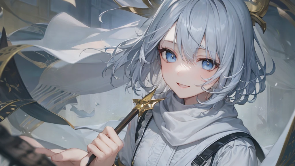 Her eyes were shining、Mysterious and enchanting atmosphere。With AI Painting、とてもShort Hair, Long bangs between the eyes, Grey Eyes , Very detailed,(masterpiece、Highest quality)、alone、Gray Hair、Fantasy, Silver Hair, Beautiful Eyes,Ecstasy, charm, attract the audience, Fantasyな風景、White shirt、smile、Open your mouth、Scarf、short hair、Short Hair、hairpin、Dark Eyes、Anime Eyes、Beautiful eyes、Eyes written in detail