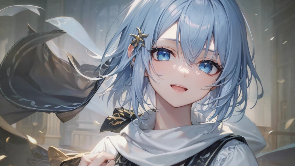 Her eyes were shining、Mysterious and enchanting atmosphere。With AI Painting、とてもShort Hair, Long bangs between the eyes, Grey Eyes , Very detailed,(masterpiece、Highest quality)、alone、Gray Hair、Fantasy, Silver Hair, Beautiful Eyes,Ecstasy, charm, attract the audience, Fantasyな風景、White shirt、smile、Open your mouth、Scarf、short hair、Short Hair、hairpin、Dark Eyes、Anime Eyes、Beautiful eyes、Eyes written in detail