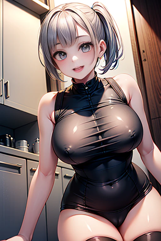 (RAW photo:1.2,(Curve,Model,glamor:1.5),Beautiful breasts,(from below:1.2),(from side:0.9), ((Face)), (Close-Up:0.4), (real、photorealistic:1.4)、(RAW photo:1.2),highest quality,(masterpiece),(((Whole body image))),(a 18yo girl), (Highly detailed face),Slightly round face, (Tan brown face:1.0), Boyish beauties, beautiful face, Beautiful lips,Baby Face,(Big eyes),((black,hair,long pony tail hair)),cute,lovely,(strong silver hair:1.2),(blunt bangs),(Brown skin:1.0),nice companion,delicate body、thin legs,beautiful black dress,black gloves, black thighhighs, white panties,(double breasted,under bust:1.2)in the kitchen,Sexy thighs,During a break,sit on the ground,The way the light shines is beautiful, Beautiful buttocks,(with sparkling eyes and a contagious smile),little open mouth,black suspenders,Bulging big,breasts,narrow waist,(with sparkling eyes and a contagious smile),her thin pubic hair, looking at viewer,