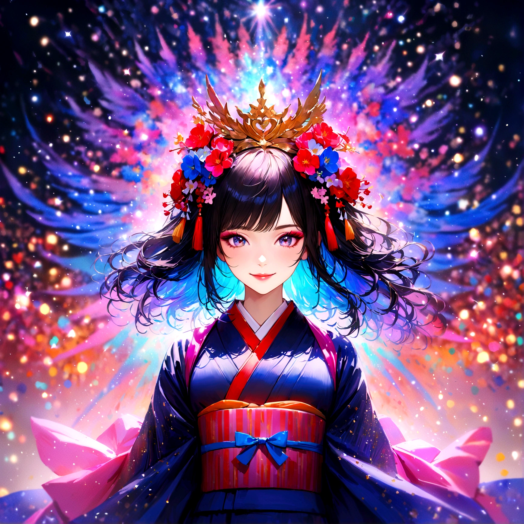 Kyoto, kimono,Maiko makeup,Blur the background,young woman,smile,Glitter effect,Highest quality,8K, High resolution, masterpiece:1.2, Very detailed, Realistic:1.37, High resolution, 超High resolution, Ultra-fine painting, Very detailedな, Vibrant colors