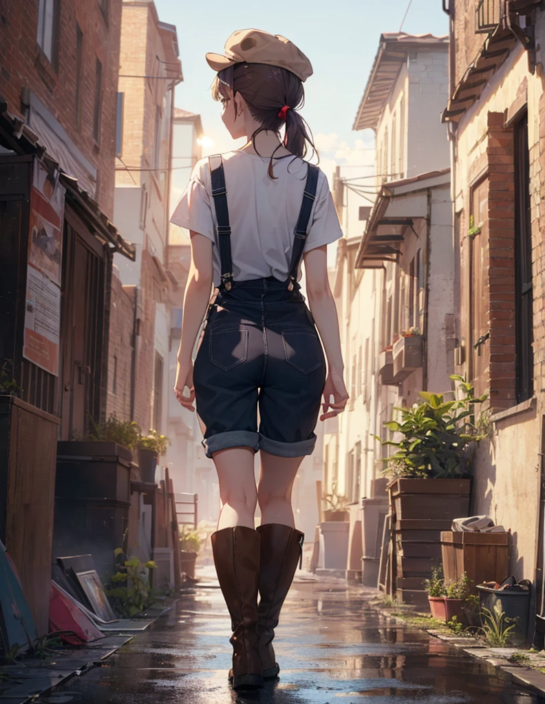 (Close-up:1.3),Realistic,Highest quality, Super detailed, High-quality CG rendering, The most delicate and beautiful, Floating softly, High resolution, (1 girl), (Highest quality,4K,8K,masterpiece:1.2), Light purple hair,(Long ponytail:1.5),Red eyes,(Brown overalls:1.3),(Pure white T-shirt:1.3),(Brown hunting hat:1.3),(Brown boots:1.3),In the city,old buildings,(whole body:1.3),(Are standing:1.3),(Turn your back to your audience:1.3),Butt