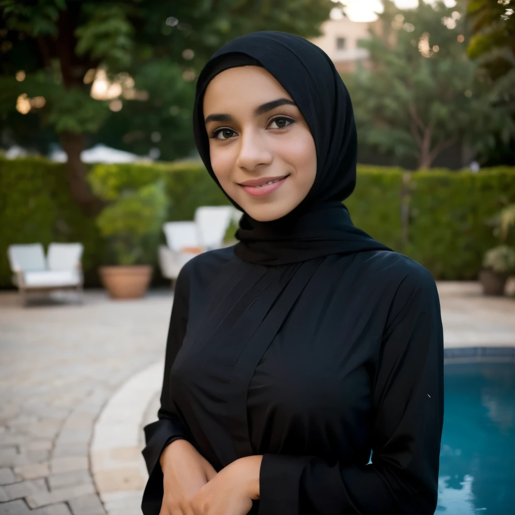 (Cute teen glamour model), gorgeous teen, ebony skinned arab, head and shoulders focus, youthful, young, teen, teenager, (looking at the camera), outdoor lighting, huge breasts, hijab, thin, skinny, dainty, delicate, no bra, black abaya dress, face focus portrait