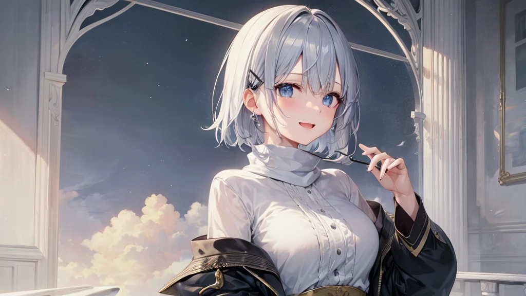 Her eyes were shining、Mysterious and enchanting atmosphere。With AI Painting、とてもShort Hair, Long bangs between the eyes, Grey Eyes , Very detailed,(masterpiece、Highest quality)、alone、Gray Hair、Fantasy, Silver Hair, Beautiful Eyes,Ecstasy, charm, attract the audience, Fantasyな風景、White shirt、smile、Open your mouth、Scarf、short hair、Short Hair、hairpin、Dark Eyes、Anime Eyes、Beautiful eyes、Eyes written in detail