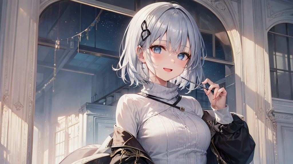 Her eyes were shining、Mysterious and enchanting atmosphere。With AI Painting、とてもShort Hair, Long bangs between the eyes, Grey Eyes , Very detailed,(masterpiece、Highest quality)、alone、Gray Hair、Fantasy, Silver Hair, Beautiful Eyes,Ecstasy, charm, attract the audience, Fantasyな風景、White shirt、smile、Open your mouth、Scarf、short hair、Short Hair、hairpin、Dark Eyes、Anime Eyes、Beautiful eyes、Eyes written in detail