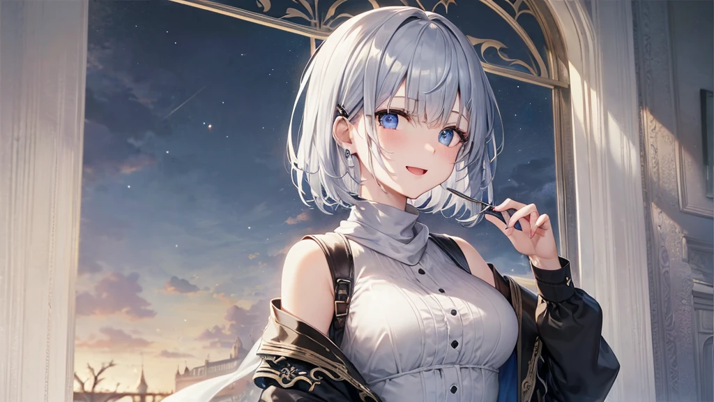 Her eyes were shining、Mysterious and enchanting atmosphere。With AI Painting、とてもShort Hair, Long bangs between the eyes, Grey Eyes , Very detailed,(masterpiece、Highest quality)、alone、Gray Hair、Fantasy, Silver Hair, Beautiful Eyes,Ecstasy, charm, attract the audience, Fantasyな風景、White shirt、smile、Open your mouth、Scarf、short hair、Short Hair、hairpin、Dark Eyes、Anime Eyes、Beautiful eyes、Eyes written in detail