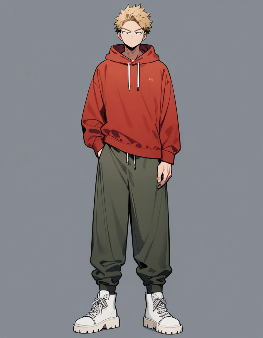 One boy, male focus, brown and blond hair, boku no hero academia, masterpiece, best quality, very aesthetic, red hoodie, navy green joggers, white leather boots, full body illustration, casual front pose.