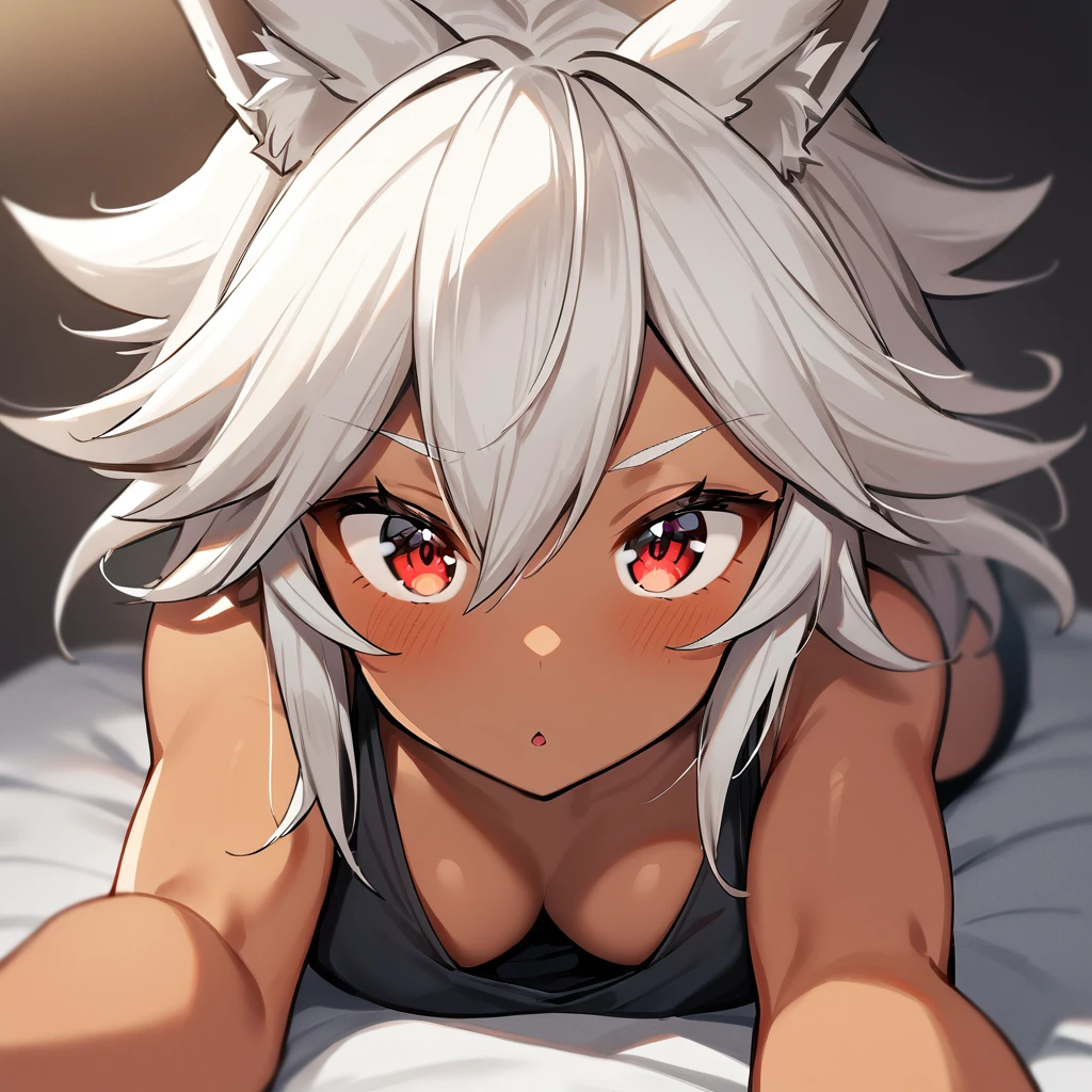 1 girl,Solo,tan,White hair,red eyes,wolf hair,breasts focus
wolf girls,Androgynous,big breast
best quality,very aesthetic,absurdres,pov,downblouse