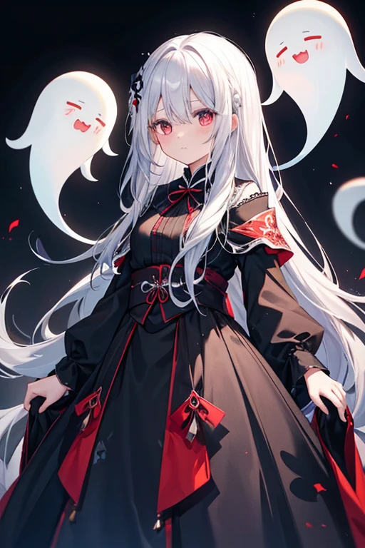 Girl in a dream。I have long silver hair。I'm dressed as a ghost。Wearing a black cloth。Has a red mask。I'm looking languidly。The background is a cemetery。It is an illustration of the highest quality。It is a beautiful illustration。