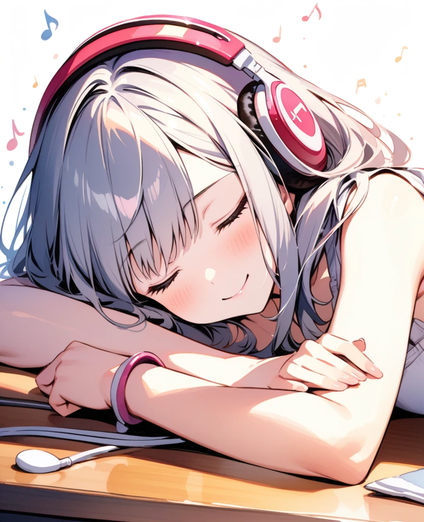 (best quality, masterpiece, ultra high-resolution, ultra-detailed: 1.2), An illustration of quarter note and eighth note symbols popping out of headphones. Picture the musical-note-symbols spilling out of your headphones and spreading out all around you.keep the background simple so the notes stand out, and give the overall pop and energetic feel.(musical-note:1.5),
BREAK.A girl sleeping face down on a desk,Close-up ,smiling,(closed eyes),big headphones,
white background,shiny skin,pale skin,(watercolor:1.3),