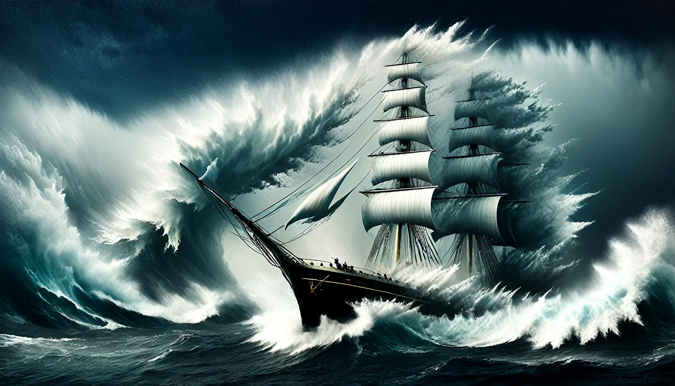 sailors throwing things from the ship, storm, big waves, dark sky, windy