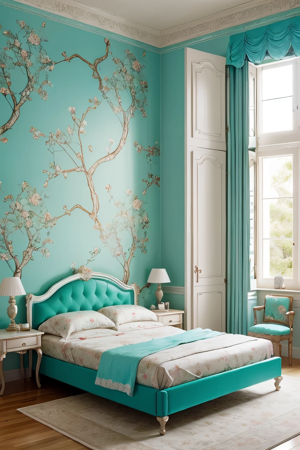 Gorgeous classical bedroom、A large tree grows through the bedroom and roses bloom everywhere.、、Turquoise floral wallpaper in the bedroom、The beds are gorgeous、Outside the window, the crescent moon is shining、Delicate photo、