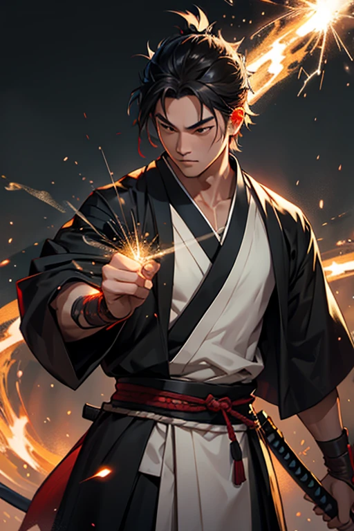 Oriental man with a doused odachi adorned with sparks and electricity wearing a samurai outfit