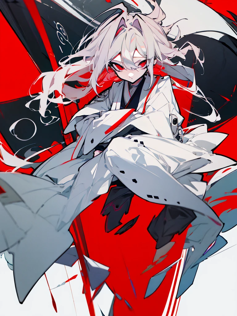 Female anime character with white hair and red eyes sitting on a red and white background, zerochan art, dos arknights, nagito komaeda, ufotable art style, best 4k konachan anime wallpaper, trends on artstation pixiv, Anime main art, digital art on pixiv, zerochan, por Kamagurka, female, female, Kizi, Kizi, , female, Japanese White clothes, Japanese White clothes, Japanese White clothes