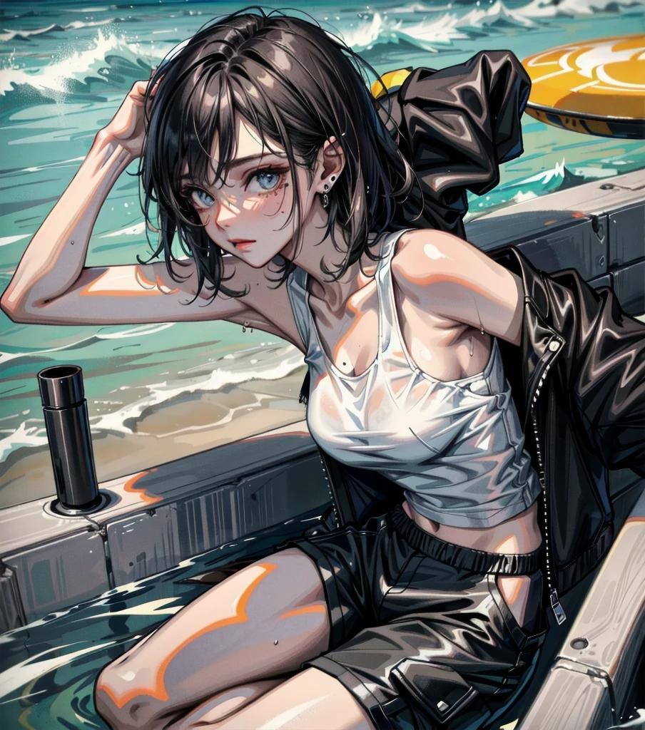 whole body, solo, alone, delicate facial features, medium tits, medium hair, black hair, tearful mole, earring, tank top shirt, cargo pants, shorts, wet,