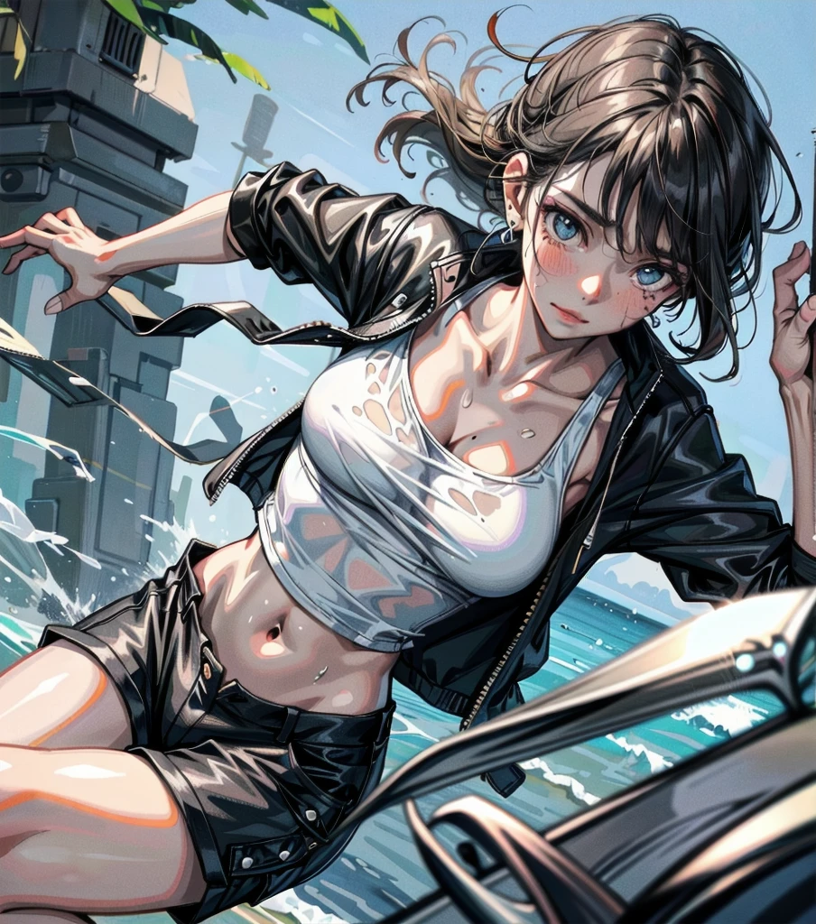 whole body, solo, alone, delicate facial features, medium tits, medium hair, black hair, tearful mole, earring, tank top shirt, cargo pants, shorts, wet,